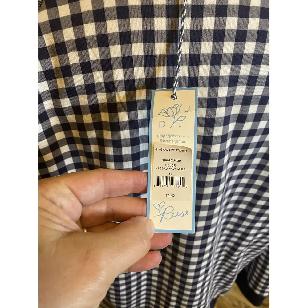 Draper James 1X Womens Natalie Sweatshirt Nassau Navy Gingham Classic Nautical - Picture 13 of 14